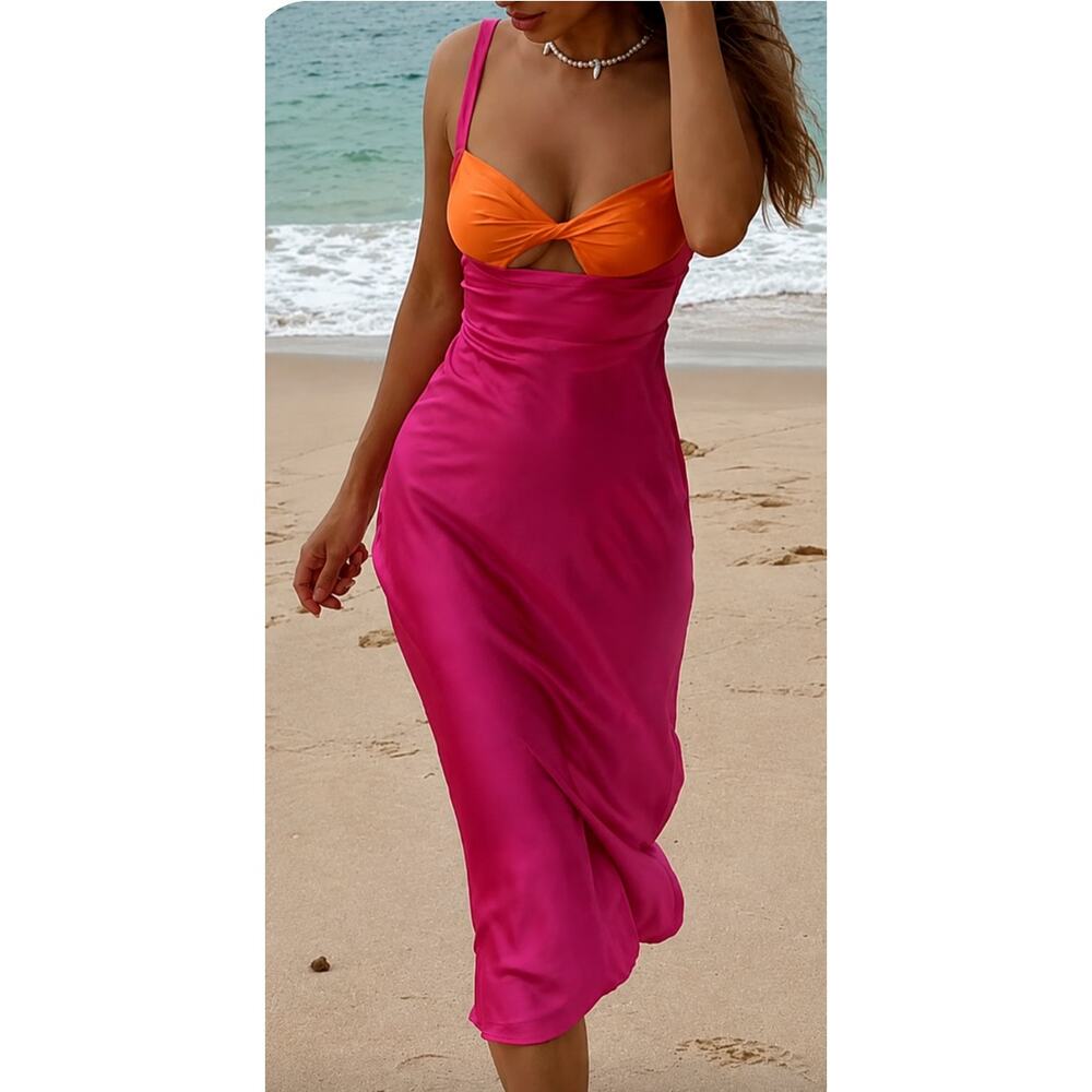 RUNAWAY The Label Pink and Orange Colorblock Twist Front Midi Dress - Size M